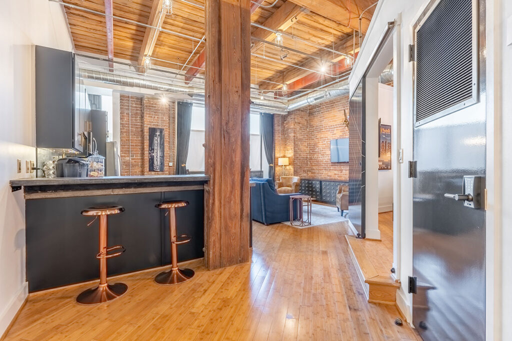 Living area and kitchen of Letterpress Loft